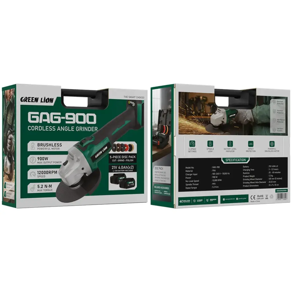 Cordless Angle Grinder Green Lion GAG-900 Portable Cutting Tool - Green