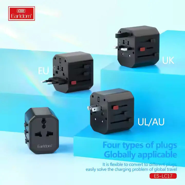 Earldom LC17 USB International Travel Adapter with Type-C to USB 3.0 Adapter - Saif Al Najmi Kw
