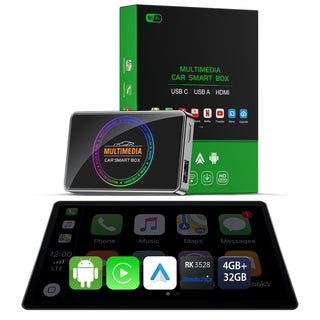 صندوق Fuallwin اللاسلكي بتقنية الذكاء الاصطناعي CarPlay – محول وسائط أندرويد بسعة 4 جيجابايت + 32 جيجابايت، تصميم سايبربانك، سهل التوصيل والتشغيل لأجهزة iPhone وAndroid 