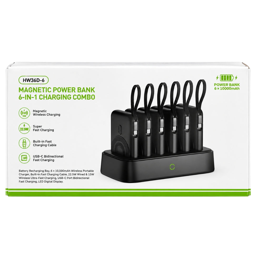 HW36D-6 6-in-1 Magnetic Power Bank Charging Combo – 6 × 10000mAh with 22.5W Fast Charging