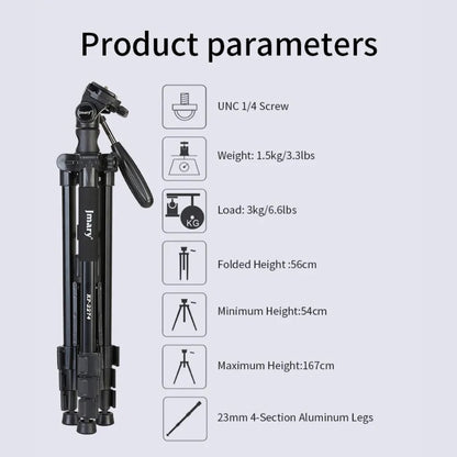 Jmary KP-2274 Professional 4-Section Aluminum Tripod with Horizontal Axis