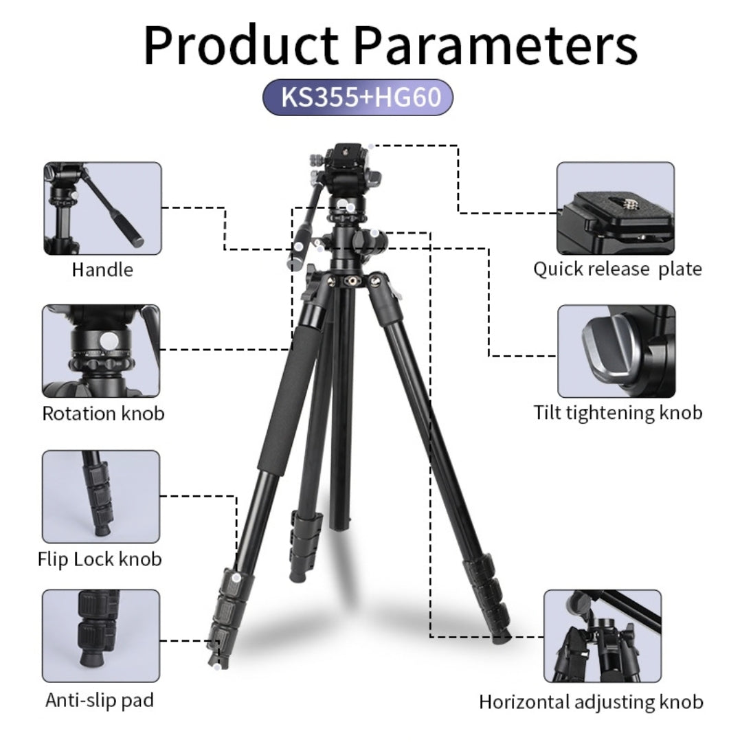 Jmary KS355+HG60 1.85M 2-in-1 Tripod & Monopod with Horizontal Axis Ball Head