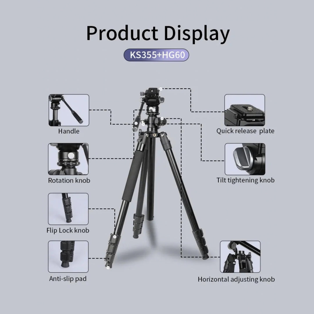 Jmary KS355+HG60 1.85M 2-in-1 Tripod & Monopod with Horizontal Axis Ball Head