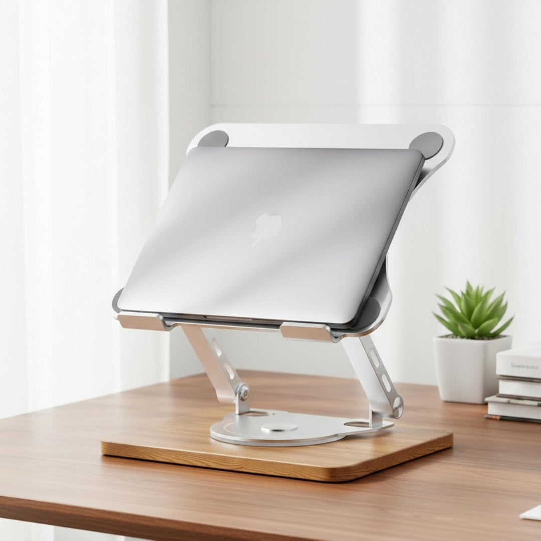 360° Rotating Adjustable Foldable Laptop Stand with Wooden Base