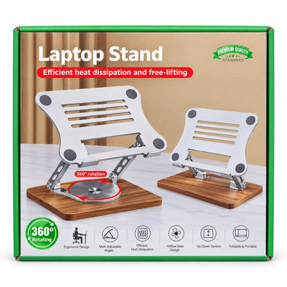 360° Rotating Adjustable Foldable Laptop Stand with Wooden Base