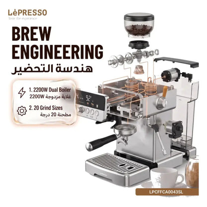 LePresso CafféArtisan Semi-Automatic Coffee Machine with Dual Boiler System – Silver