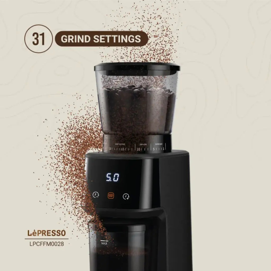 LePresso Conical Burr Coffee Grinder with 31 Grind Settings – Black