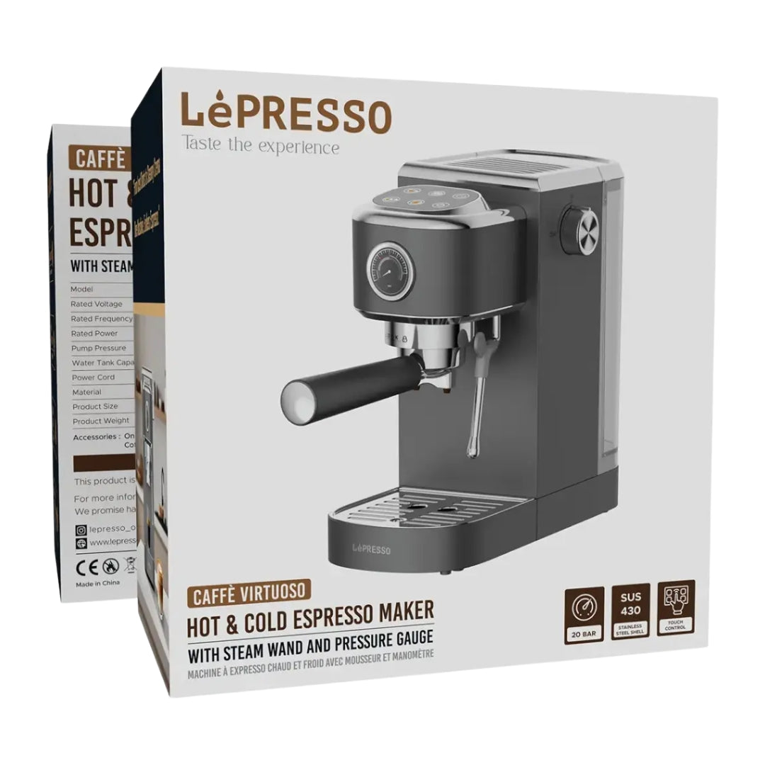 LePresso Caffè Virtuoso Hot & Cold Espresso Maker with Steam Wand & Pressure Gauge – Gray