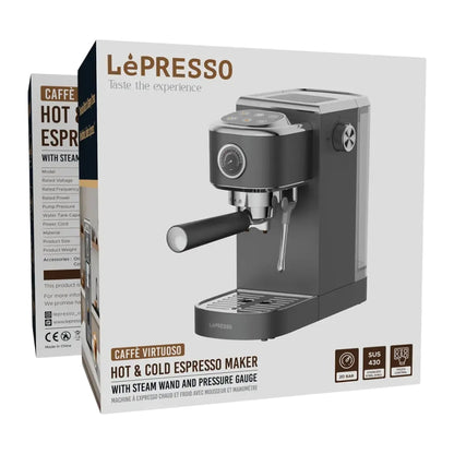 LePresso Caffè Virtuoso Hot & Cold Espresso Maker with Steam Wand & Pressure Gauge – Gray