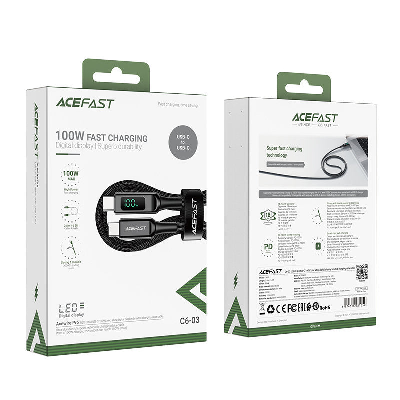 AceFast C6-03 USB-C to USB-C 100W zinc alloy digital display braided charging data cable - Saif Al Najmi Kw