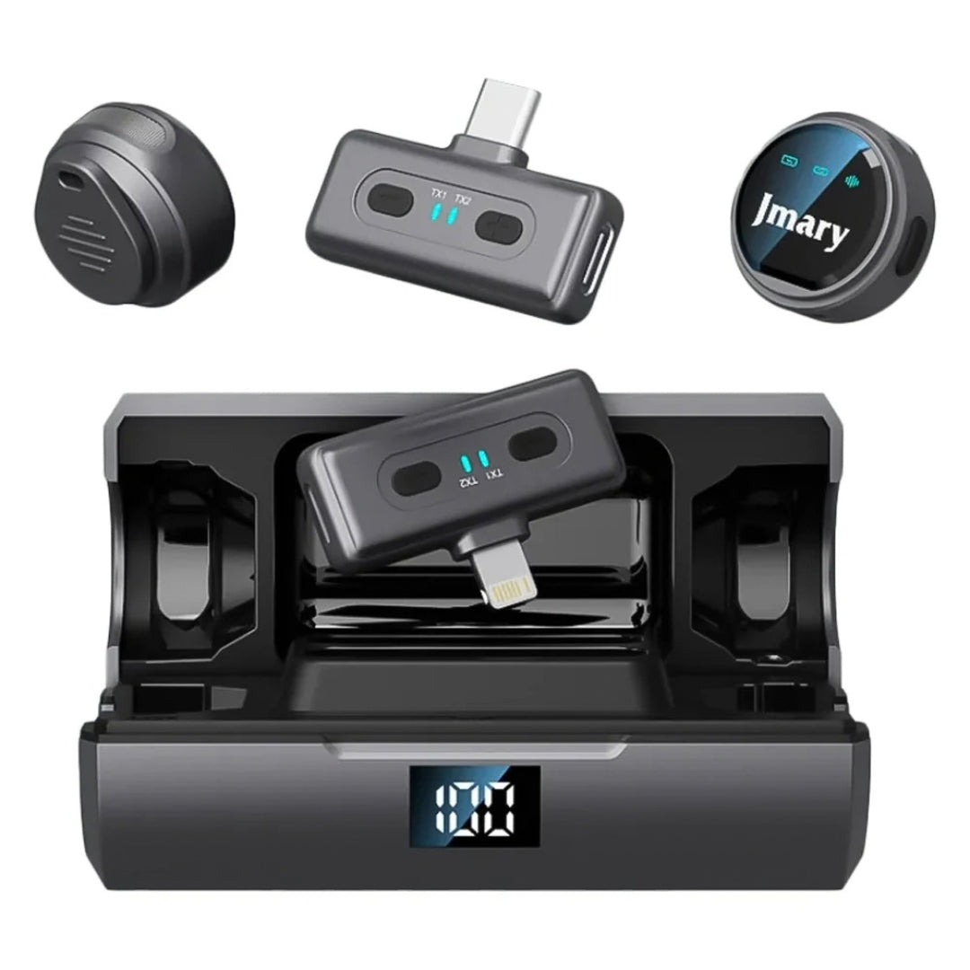 Jmary MW-19 2.4GHz Dual-Channel Wireless Microphone with Type-C & Lightning Receivers, Noise Cancellation & Charging Case