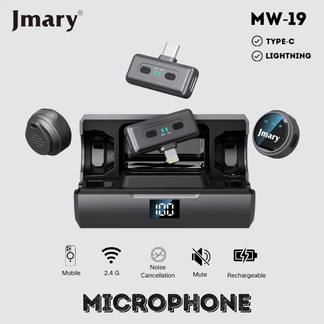 Jmary MW-19 2.4GHz Dual-Channel Wireless Microphone with Type-C & Lightning Receivers, Noise Cancellation & Charging Case