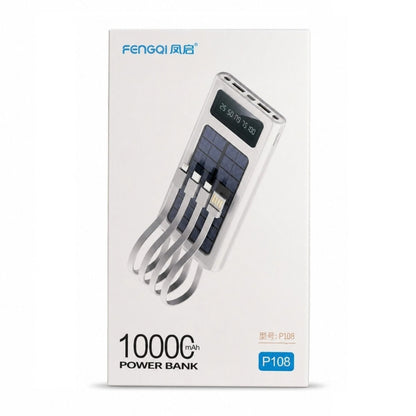 FengQi P108 10000mAh Solar Power Bank with Built-In Cables & Digital Display – White