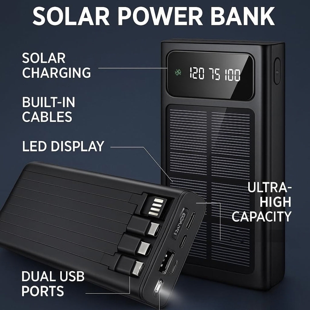 Fengqi 20000mAh Solar Fast Charging Power Bank with Built-In Cables