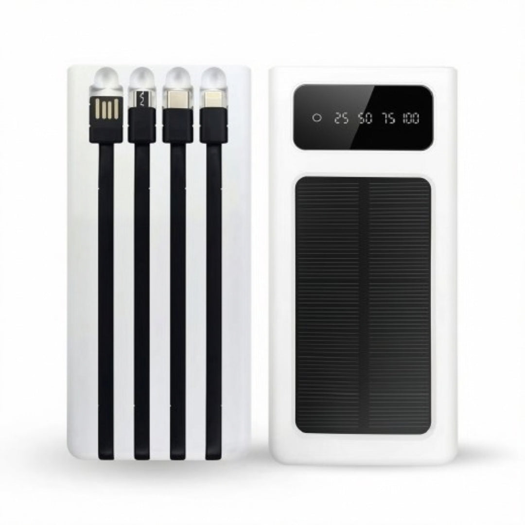 FenGQi P38 30000mAh 4-in-1 Portable Solar Power Bank with Built-In Cables & LED Display - White