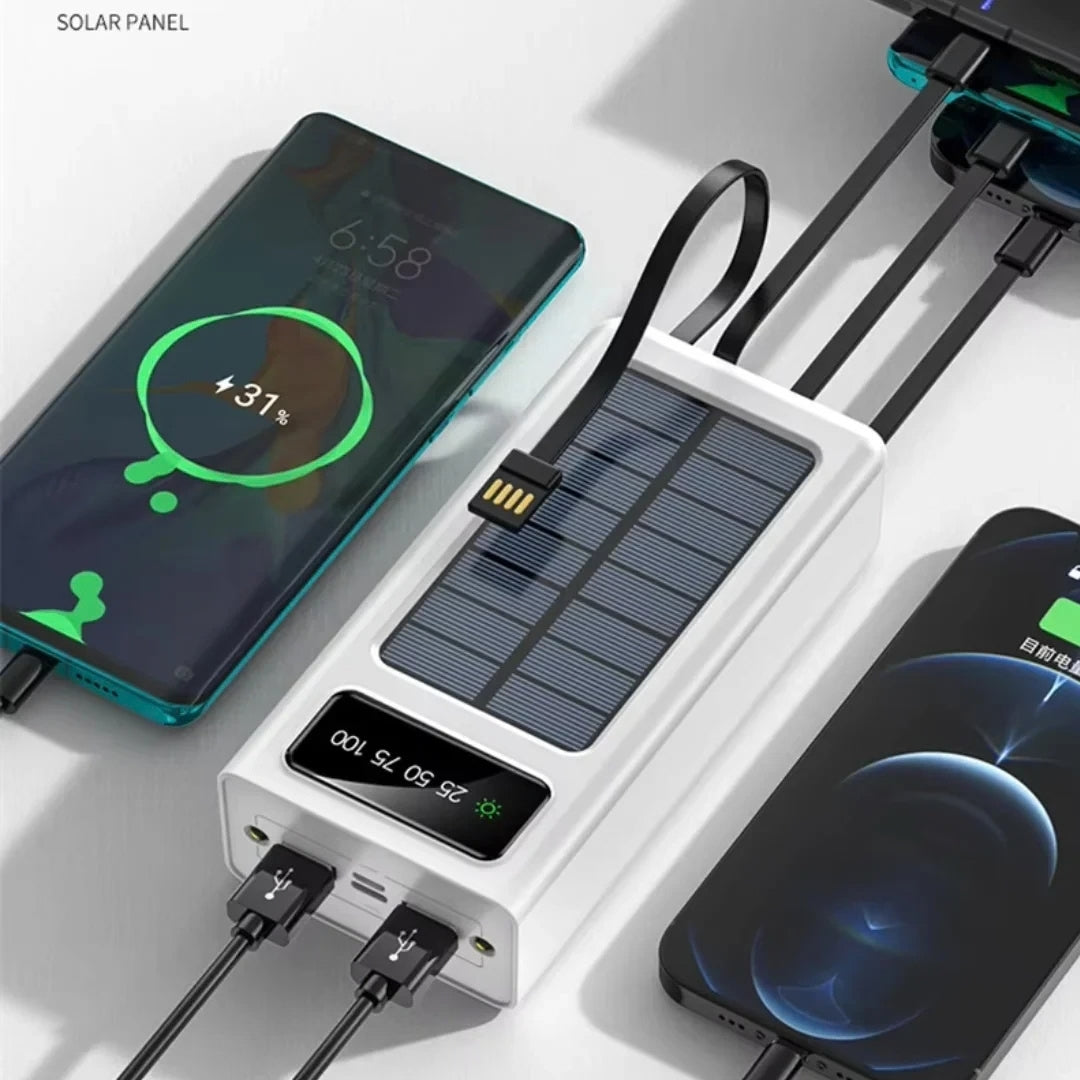 FenGQi P38 30000mAh 4-in-1 Portable Solar Power Bank with Built-In Cables & LED Display - White