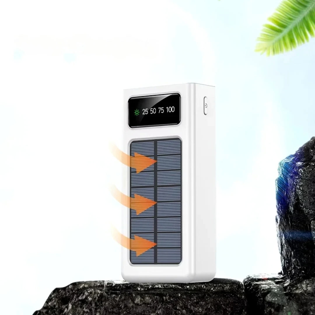 FenGQi P38 30000mAh 4-in-1 Portable Solar Power Bank with Built-In Cables & LED Display - White
