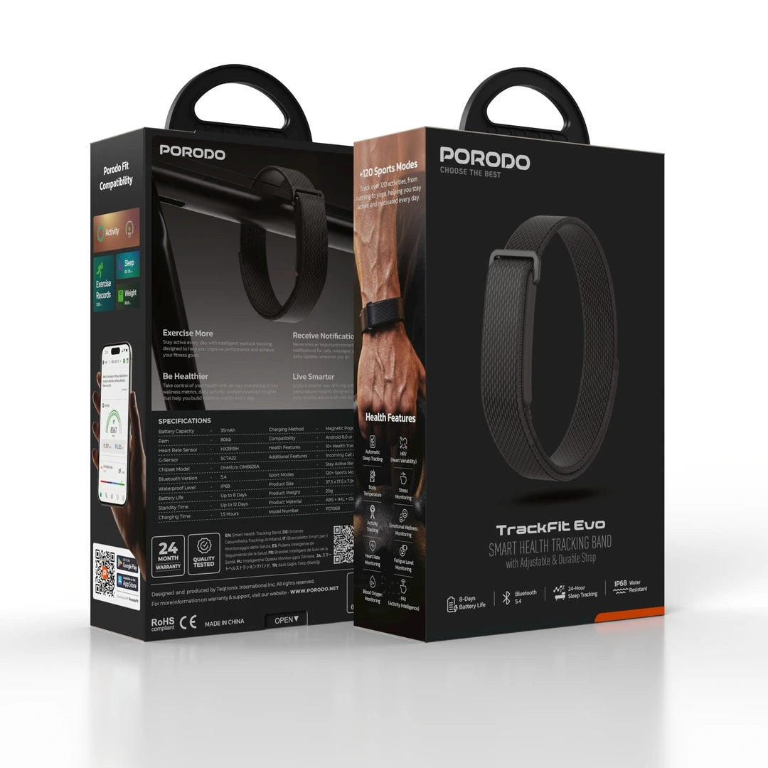 Porodo TrackFit Evo Smart Health Tracking Band with 120+ Sports Modes, IP68 & 8-Day Battery Life