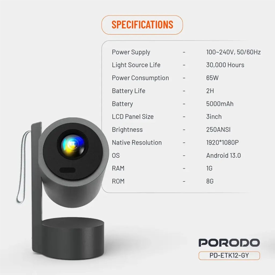 Porodo Full HD Smart Projector with Autofocus & 270° Angle Adjustment – Gray with battery