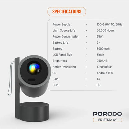 Porodo Full HD Smart Projector with Autofocus & 270° Angle Adjustment – Gray with battery