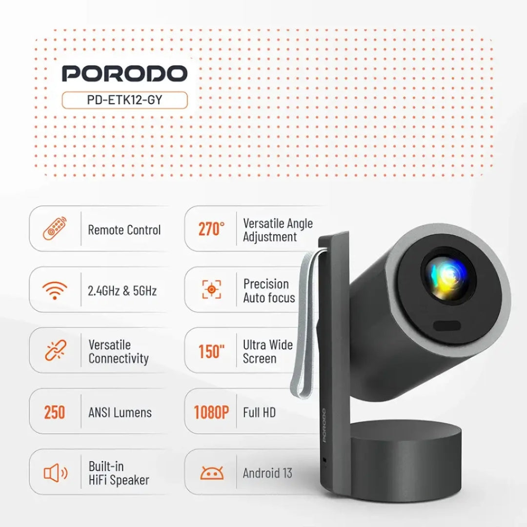 Porodo Full HD Smart Projector with Autofocus & 270° Angle Adjustment – Gray with battery