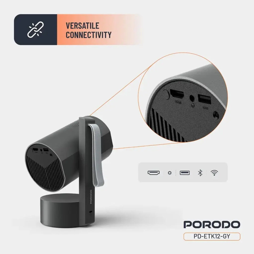 Porodo Full HD Smart Projector with Autofocus & 270° Angle Adjustment – Gray with battery