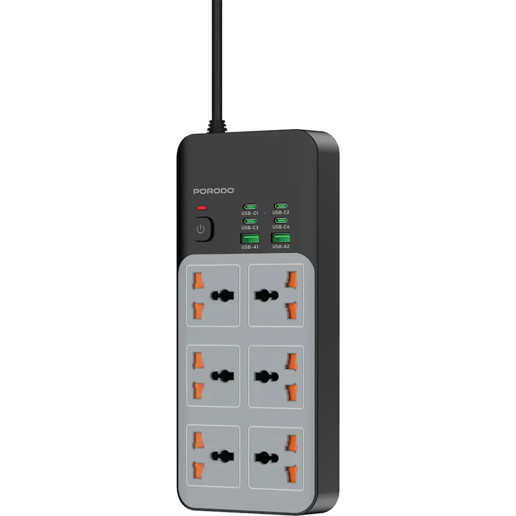 Porodo 3000W 6AC Universal Power Strip with 6 USB Ports (4C + 2A) | Gray