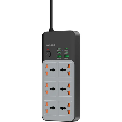 Porodo 3000W 6AC Universal Power Strip with 6 USB Ports (4C + 2A) | Gray