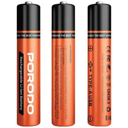 Porodo AA Li-Ion USB-A Rechargeable Battery 4 Pack Orange