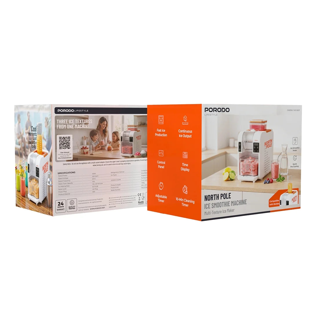 Porodo Lifestyle North Pole Ice Smoothie Machine with 3 Ice Textures – White & Orange