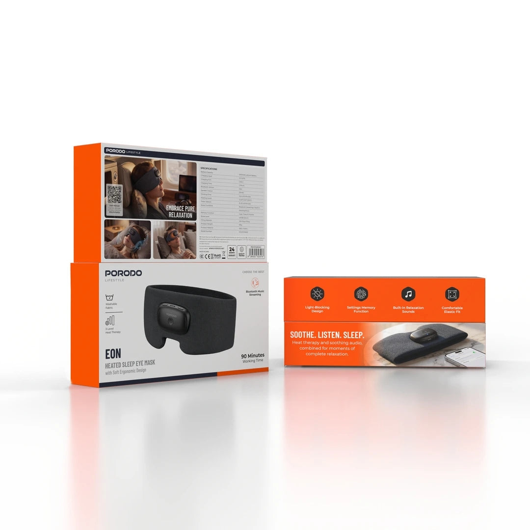 Porodo Lifestyle EON Heated Sleep Eye Mask with 3-Level Heat Therapy & Bluetooth Audio – Grey