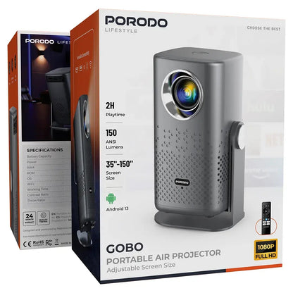 Porodo Lifestyle Gobo Portable Air Projector 720P with Android 13 – Grey with battery