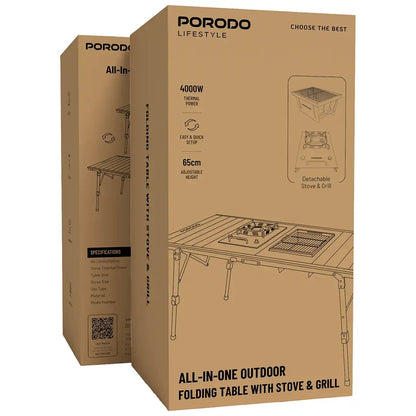 Porodo Lifestyle All-In-One Outdoor Folding Table with Detachable Stove & Grill – Black