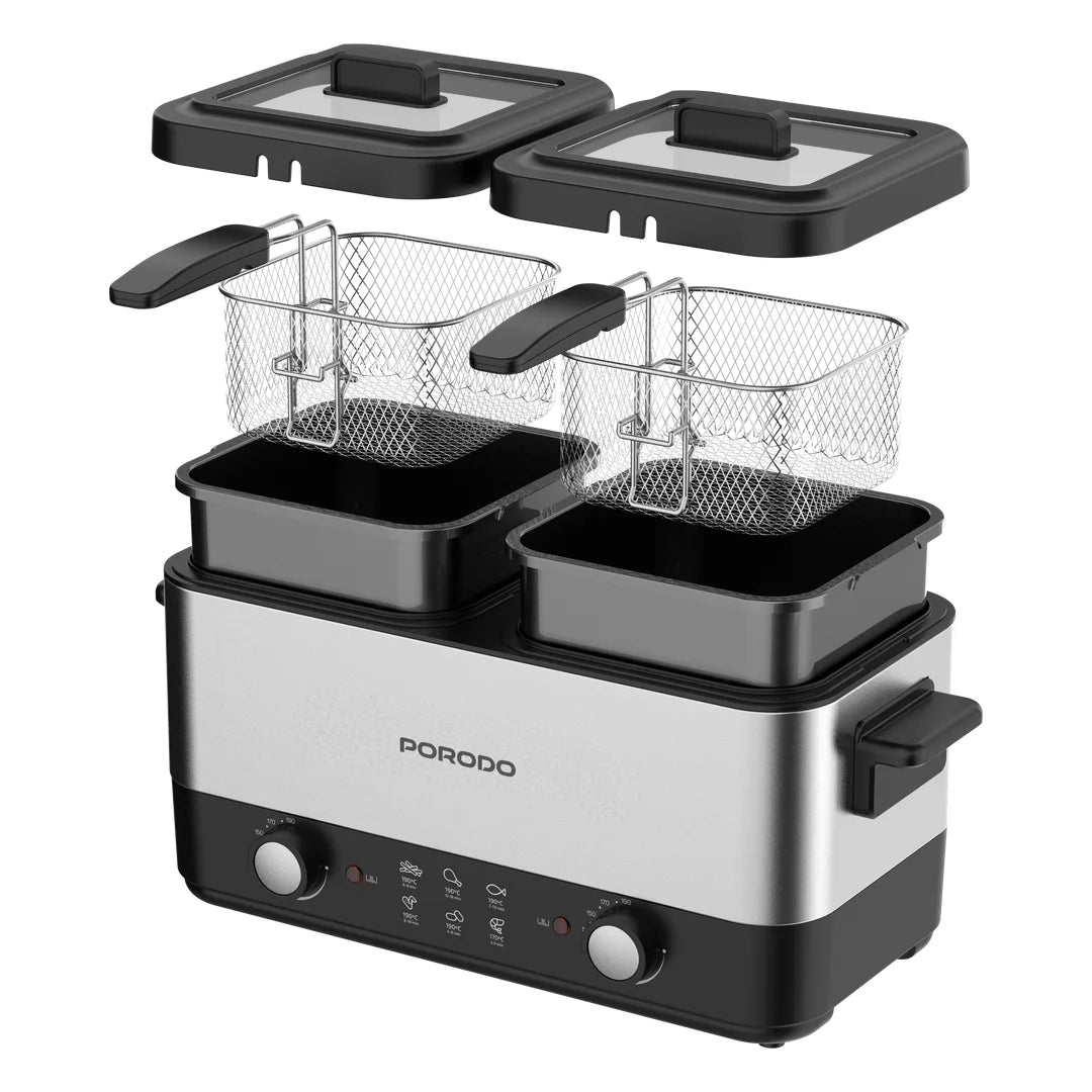 Porodo Lifestyle Dual Crispo Dual Basket Electric Deep Fryer 3L with Dual Temperature Control – Black