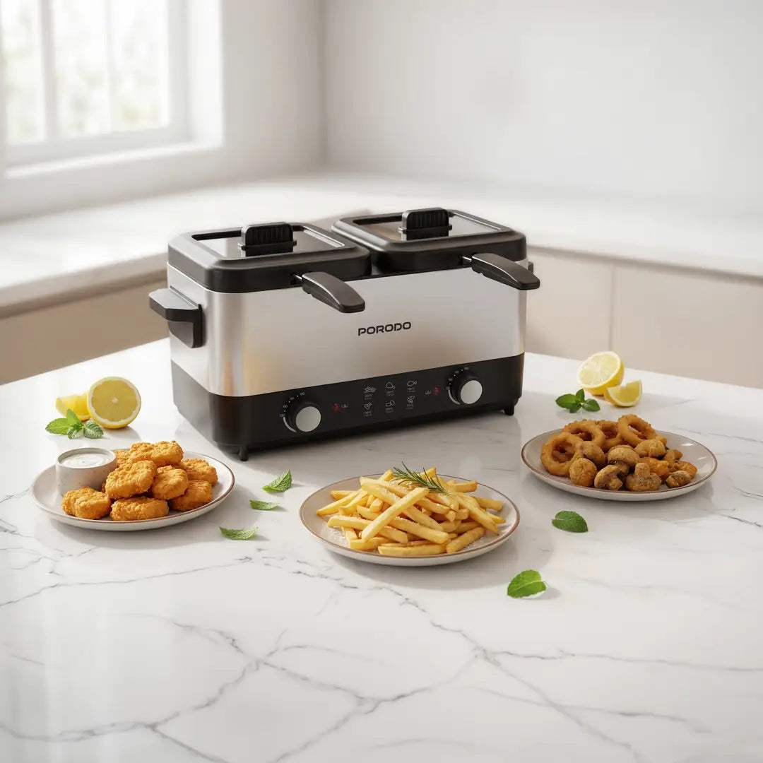 Porodo Lifestyle Dual Crispo Dual Basket Electric Deep Fryer 3L with Dual Temperature Control – Black