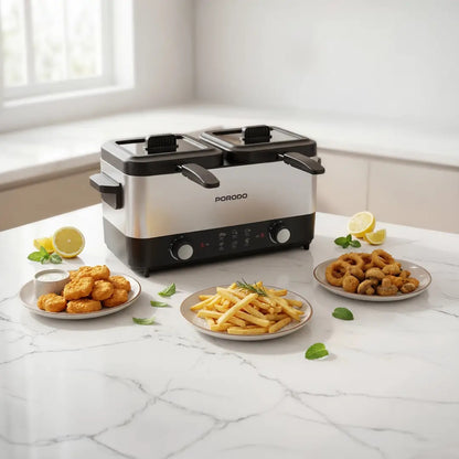 Porodo Lifestyle Dual Crispo Dual Basket Electric Deep Fryer 3L with Dual Temperature Control – Black