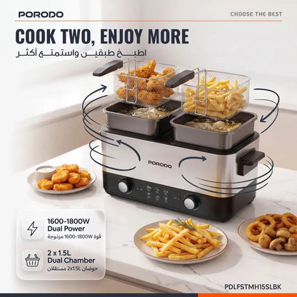 Porodo Lifestyle Dual Crispo Dual Basket Electric Deep Fryer 3L with Dual Temperature Control – Black