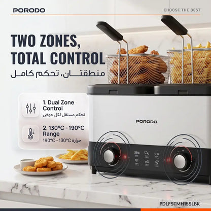 Porodo Lifestyle Dual Crispo Dual Basket Electric Deep Fryer 3L with Dual Temperature Control – Black