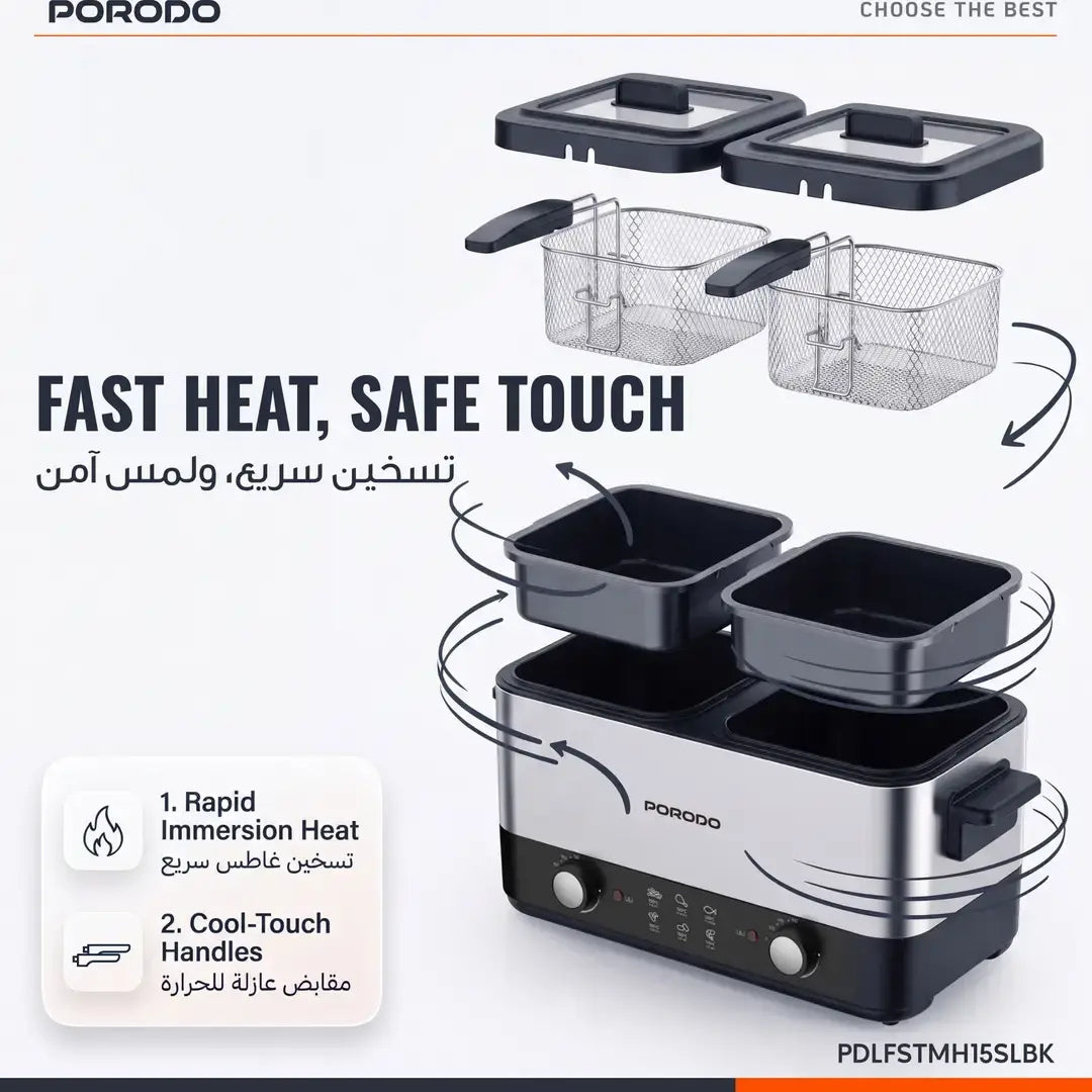 Porodo Lifestyle Dual Crispo Dual Basket Electric Deep Fryer 3L with Dual Temperature Control – Black