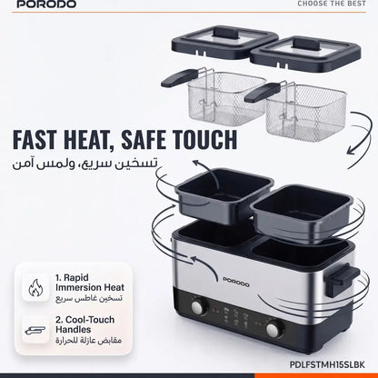 Porodo Lifestyle Dual Crispo Dual Basket Electric Deep Fryer 3L with Dual Temperature Control – Black