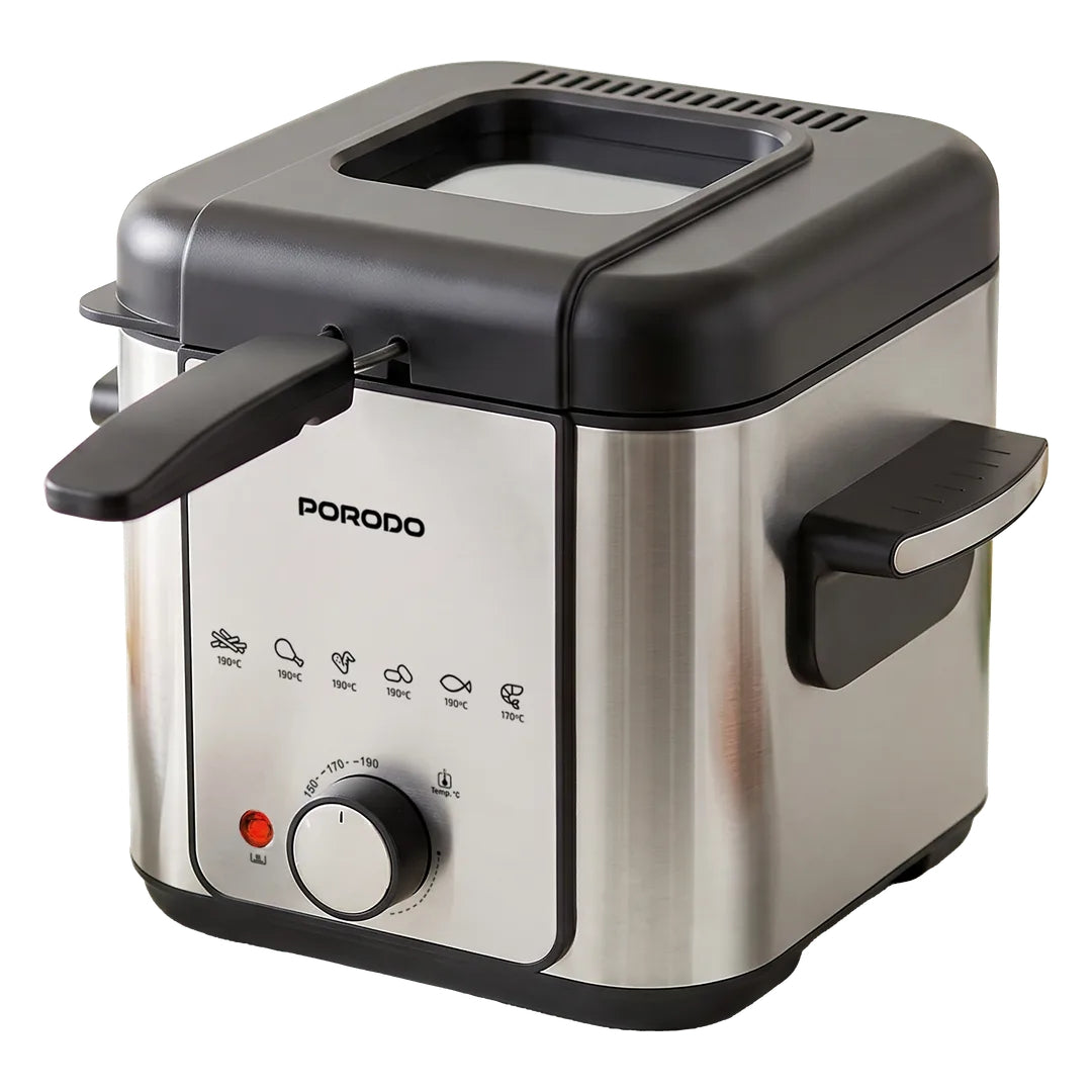 Porodo Lifestyle Crispo Single Basket Electric Deep Fryer 1.5L with Adjustable Temperature Control – Silver / Black