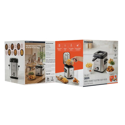 Porodo Lifestyle Crispo Single Basket Electric Deep Fryer 1.5L with Adjustable Temperature Control – Silver / Black