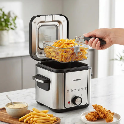 Porodo Lifestyle Crispo Single Basket Electric Deep Fryer 1.5L with Adjustable Temperature Control – Silver / Black