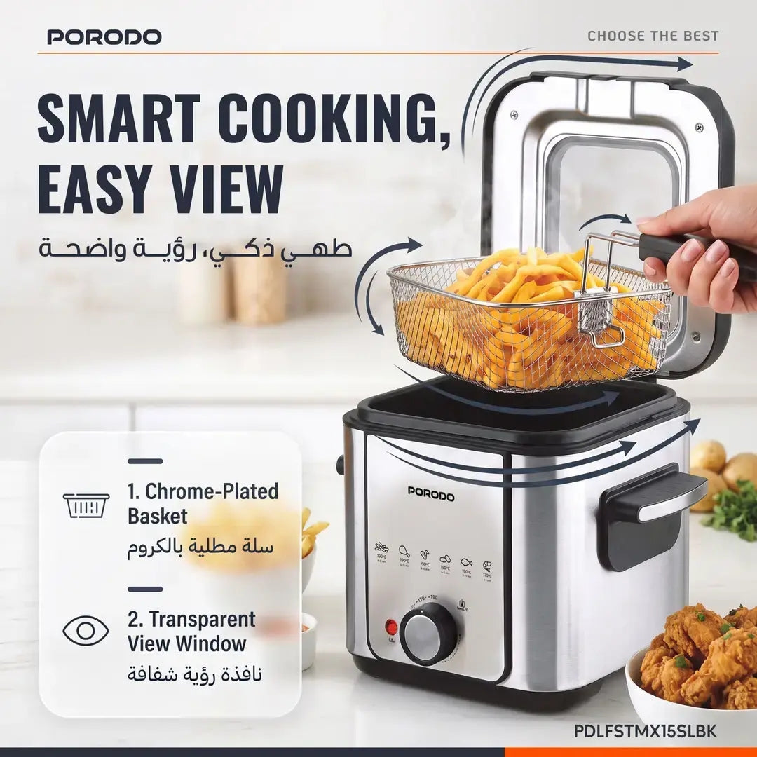 Porodo Lifestyle Crispo Single Basket Electric Deep Fryer 1.5L with Adjustable Temperature Control – Silver / Black
