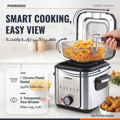Porodo Lifestyle Crispo Single Basket Electric Deep Fryer 1.5L with Adjustable Temperature Control – Silver / Black