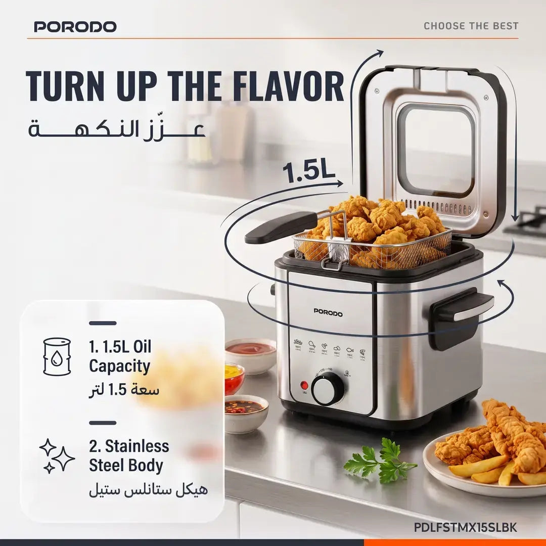 Porodo Lifestyle Crispo Single Basket Electric Deep Fryer 1.5L with Adjustable Temperature Control – Silver / Black