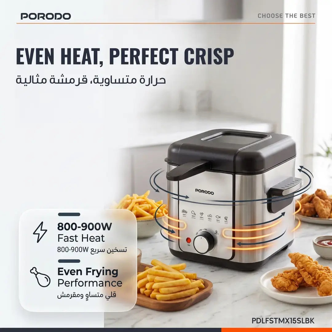 Porodo Lifestyle Crispo Single Basket Electric Deep Fryer 1.5L with Adjustable Temperature Control – Silver / Black