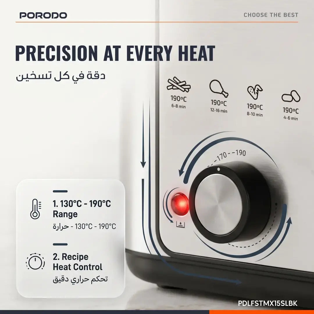 Porodo Lifestyle Crispo Single Basket Electric Deep Fryer 1.5L with Adjustable Temperature Control – Silver / Black