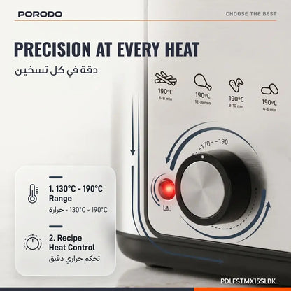 Porodo Lifestyle Crispo Single Basket Electric Deep Fryer 1.5L with Adjustable Temperature Control – Silver / Black