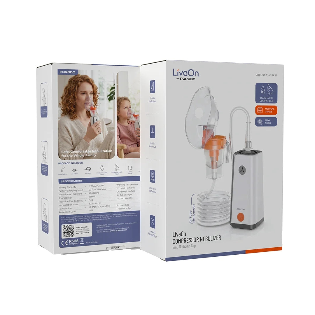 Porodo LiveOn Rechargeable Compressor Nebulizer with 8mL Medicine Cup & Dual-Size Masks – White